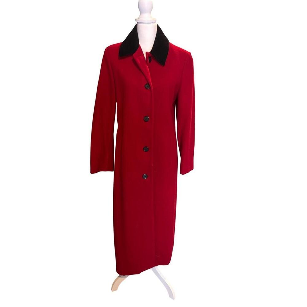 Vintage MDP Mario De Pinto Red Wool Coat Black Velvet Collar Long Button Front